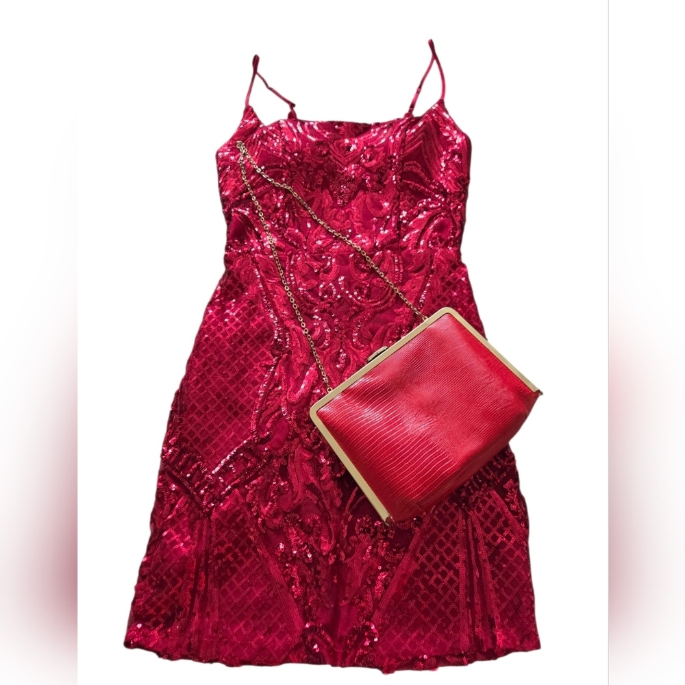 B.Darlin Spaghetti Strap Square Neck Short Fitted Dress Small Red Sequin Bodycon - Picture 4 of 9